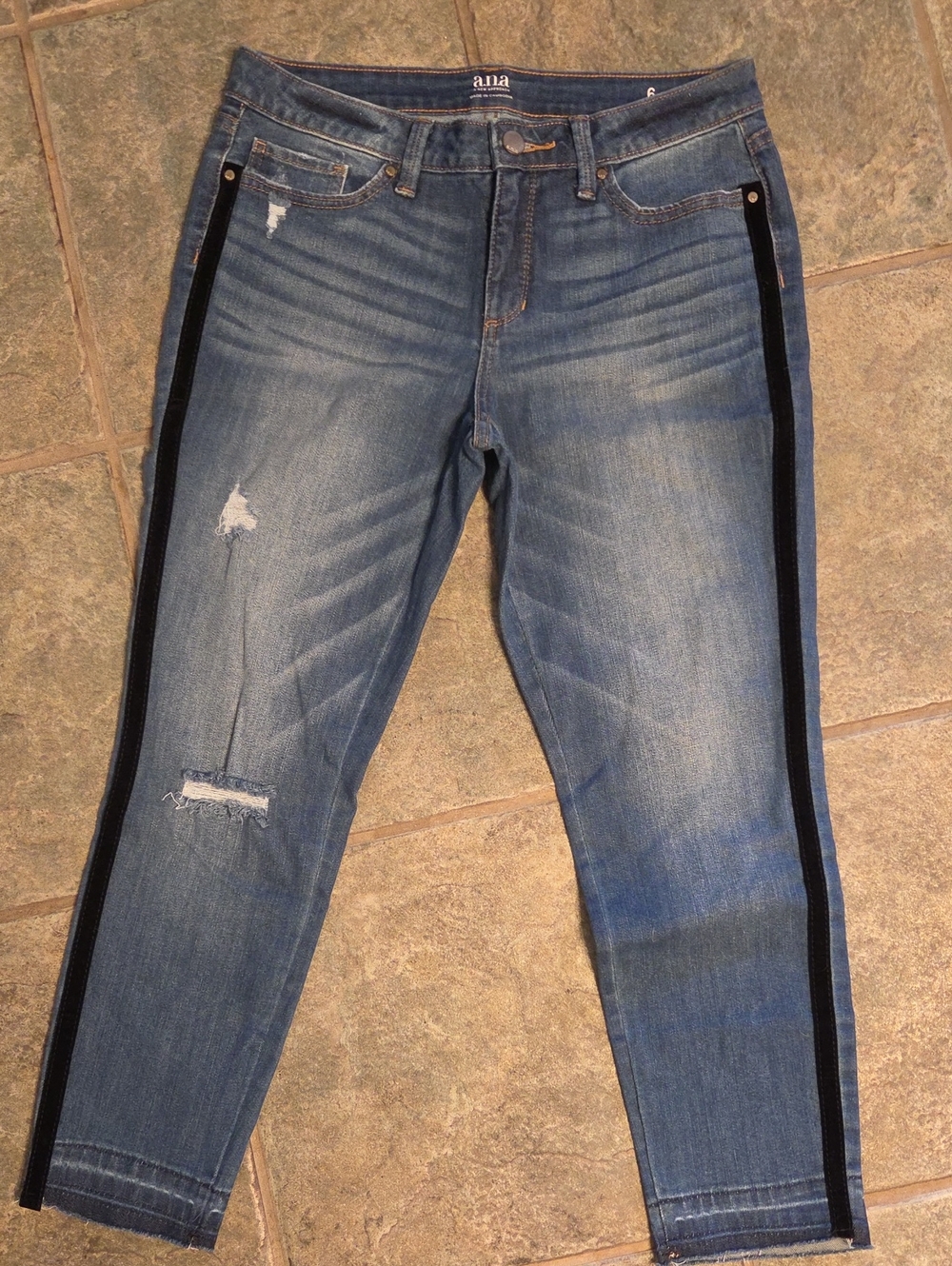 a.n.a Medium Blue Distressed Ankle Jeans with Velvet Black Side Tape